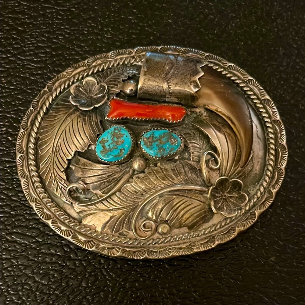 Vintage native American Silver Belt Buckle with Turquoise and Coral